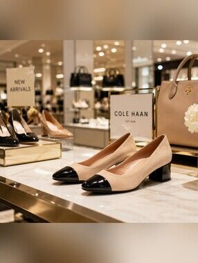 Cole Haan Go To Block Heel Pumps 10.5 Beige Black Cap Toe Suede Leather NWT